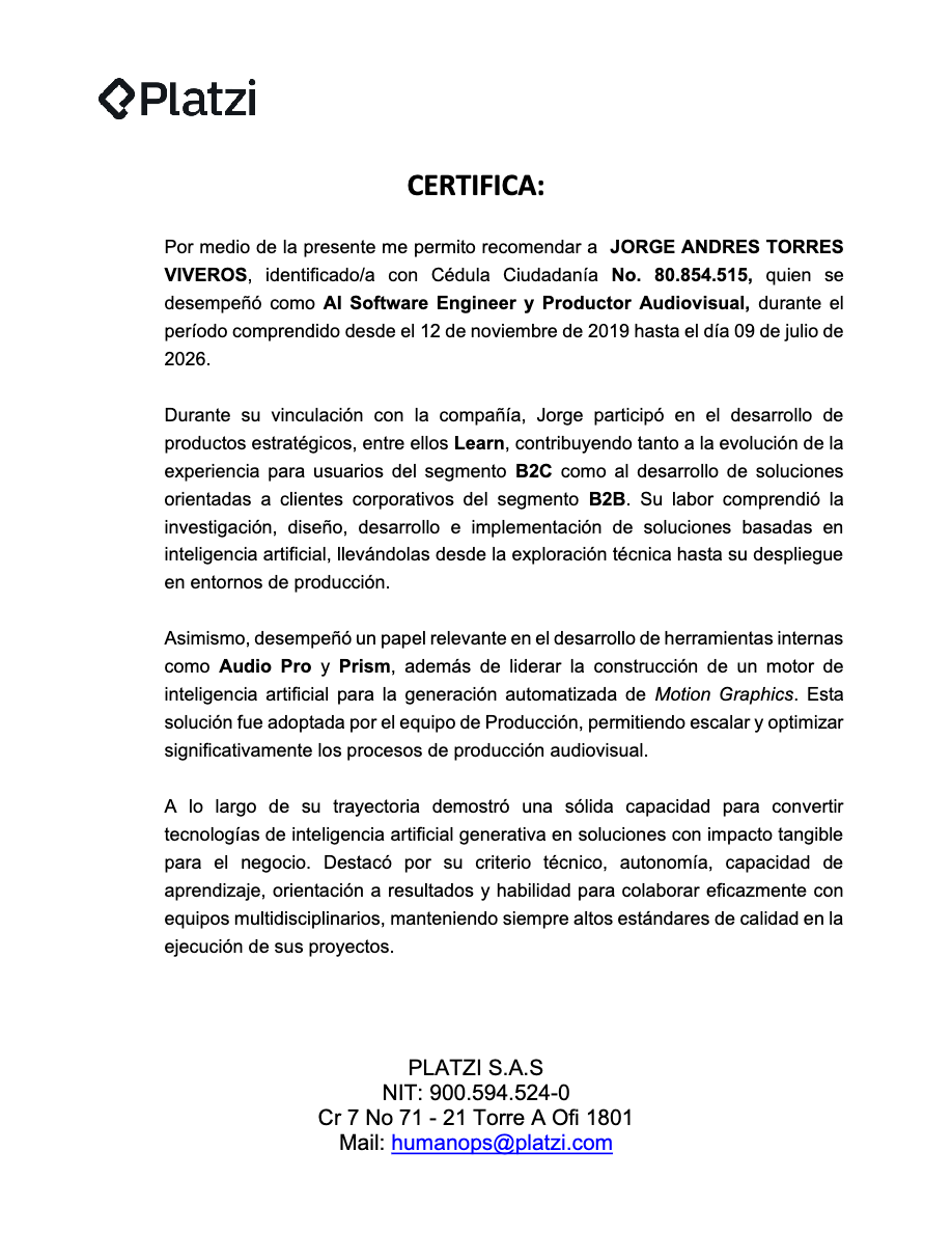 Certificación laboral Platzi S.A.S — página 1